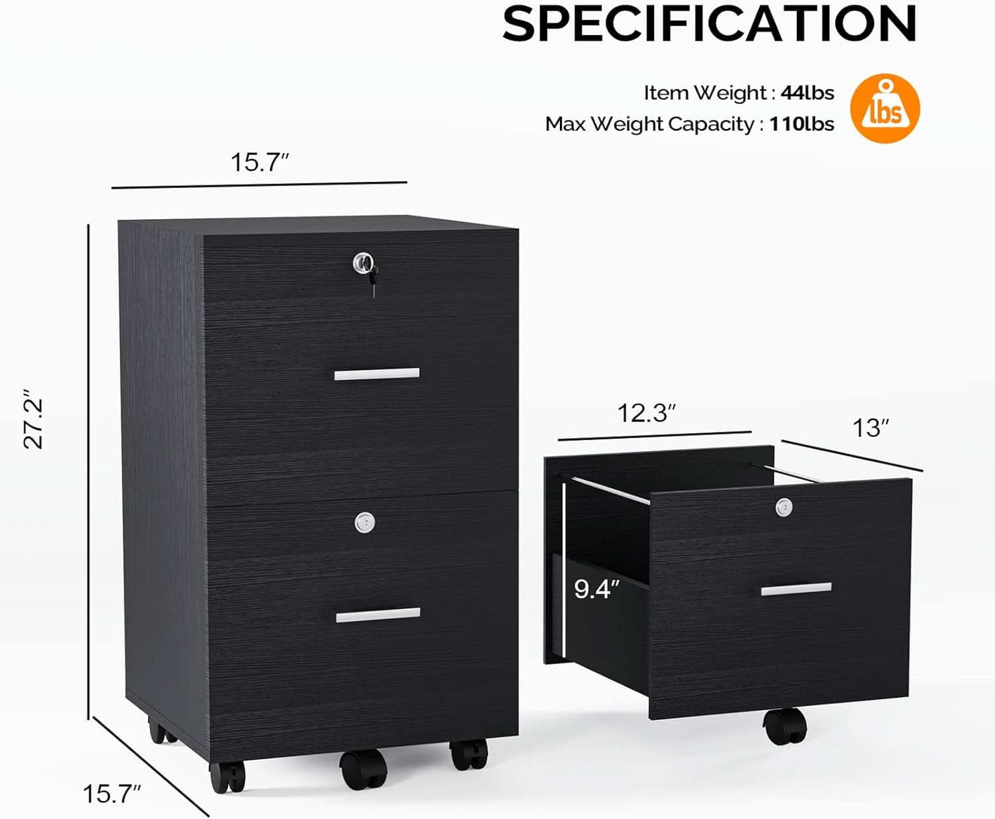Two Drawer Rolling File Cabinet - Black