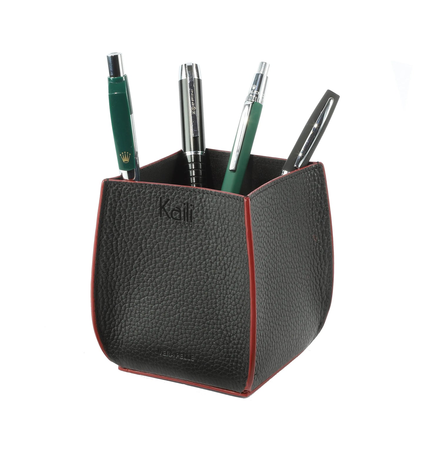 K0032AB | Genuine leather, full-grain, dollar grain desk pen holder. Black color with Red edges. Size: 8.5 x 8.5 x 12 cm. Packaging: gift box bottom/cover