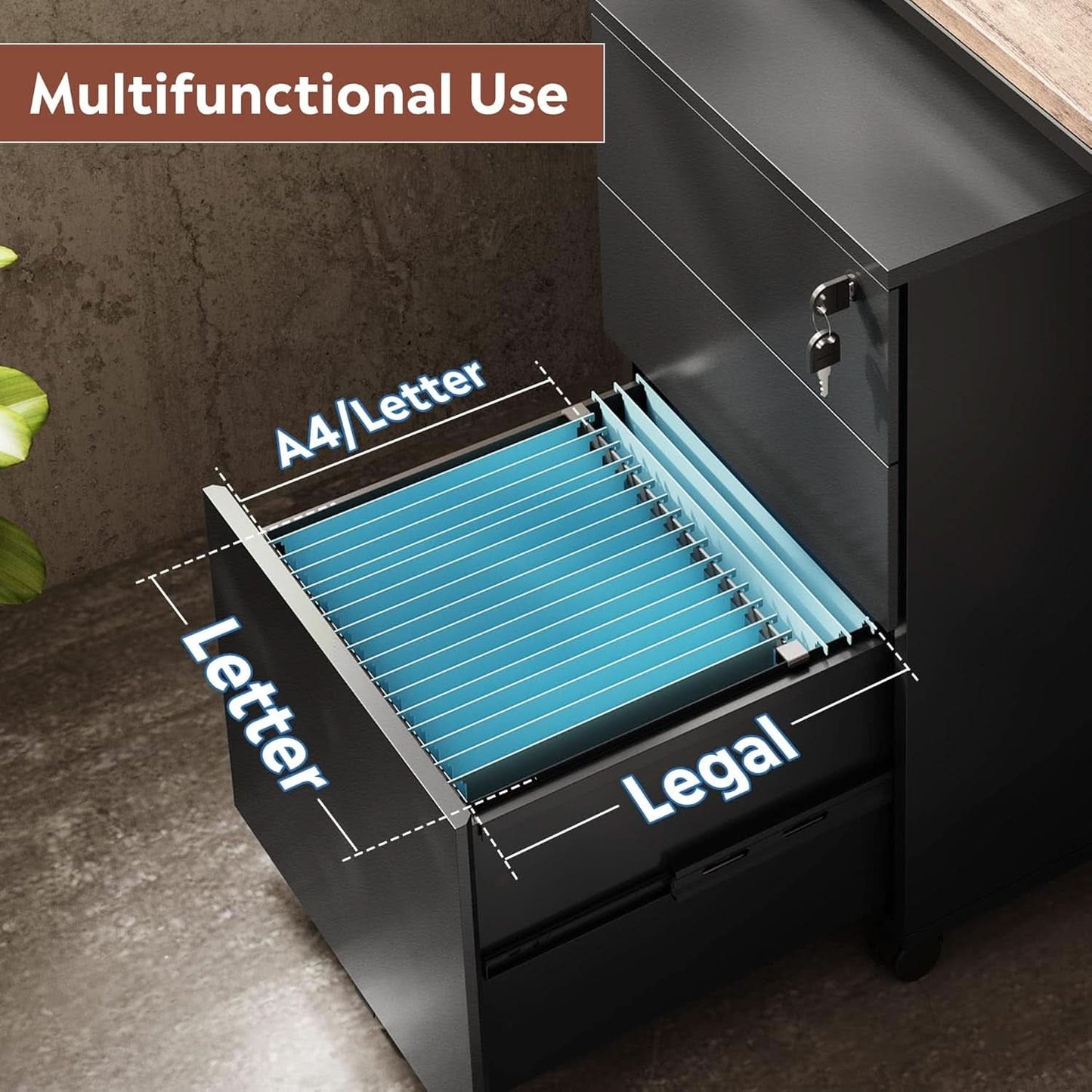 Three Drawer Locking File Cabinet - Black